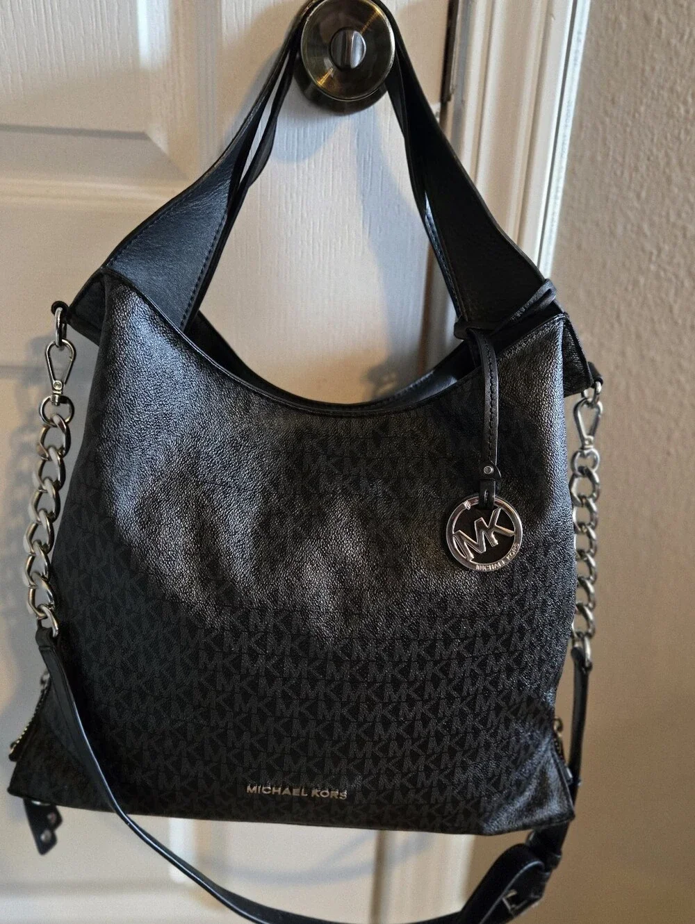 Michael Kors Black MK Logo Chain-Accent Hobo Bag